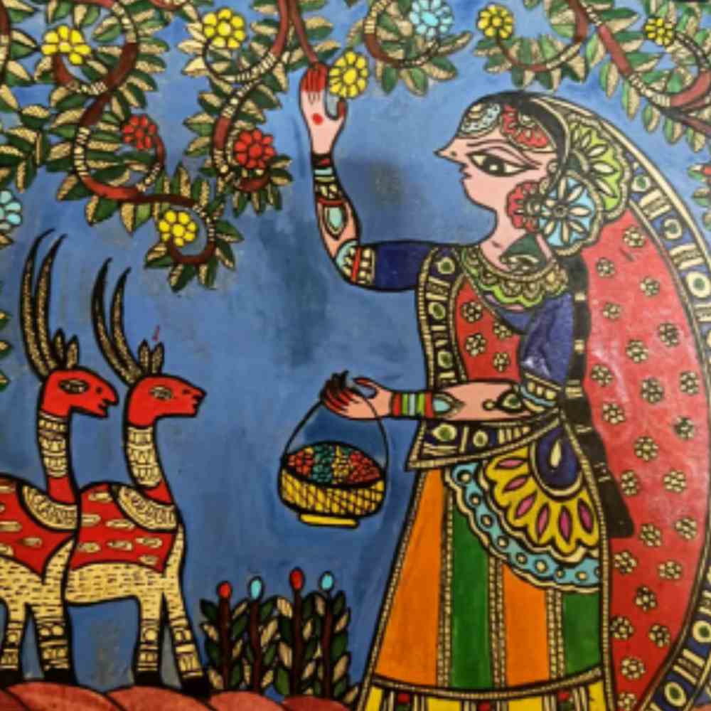 Tussar Saree with Madhubani Bride, Doli, and Kaahar Painting